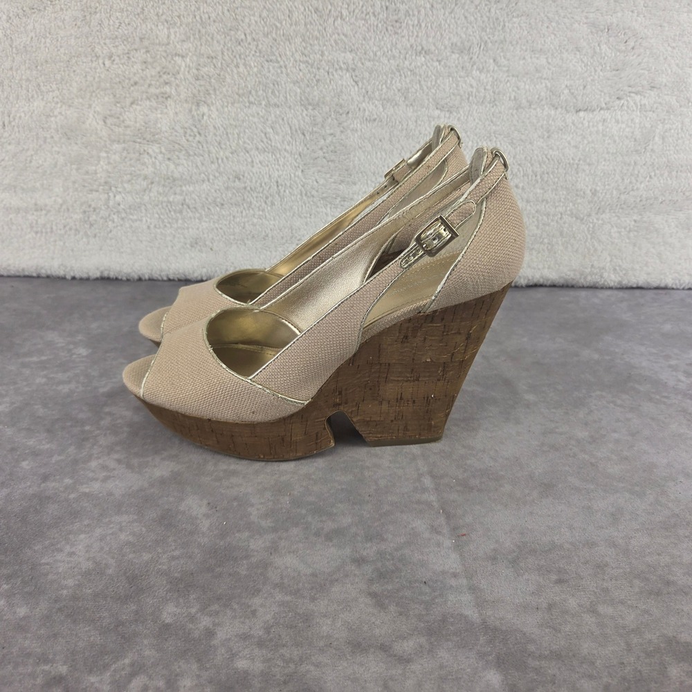 BCBGeneration Beige Canvas Cork Wedge Sandals Gold Trim Peep Toe Size 10 B